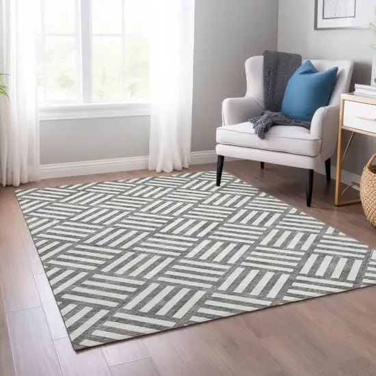 Charcoal And Ivory Geometric Washable Indoor Outdoor Area Rug Photo 8