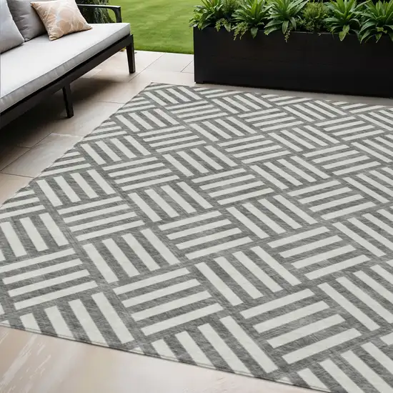 Charcoal And Ivory Geometric Washable Indoor Outdoor Area Rug Photo 1