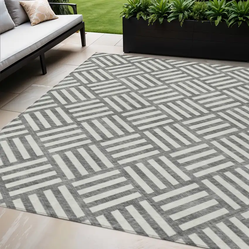 Charcoal And Ivory Geometric Washable Indoor Outdoor Area Rug Photo 1