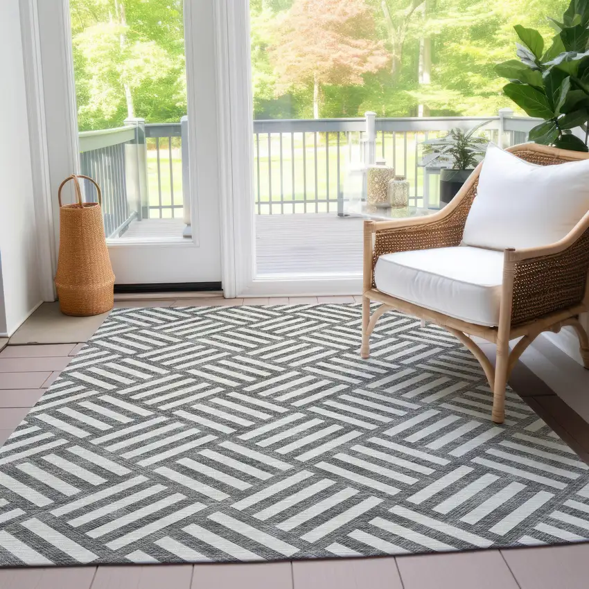 Charcoal And Ivory Geometric Washable Indoor Outdoor Area Rug Photo 9
