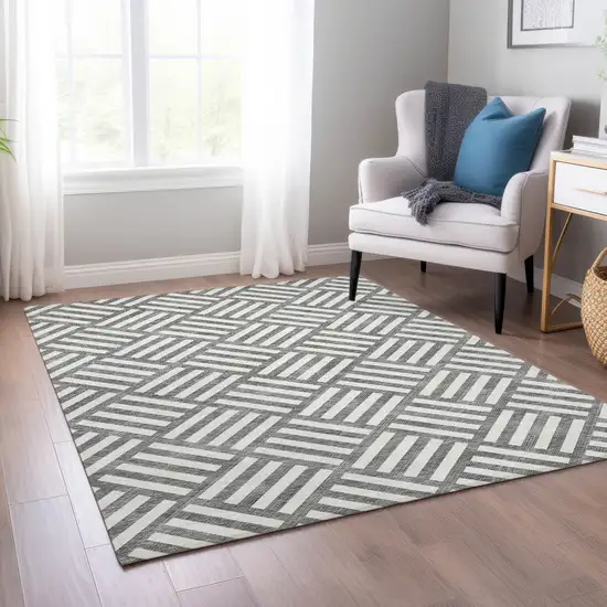 Charcoal And Ivory Geometric Washable Indoor Outdoor Area Rug Photo 8