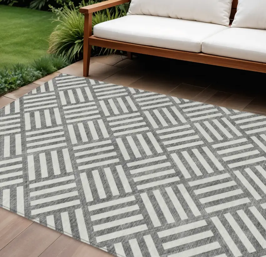 Charcoal And Ivory Geometric Washable Indoor Outdoor Area Rug Photo 1