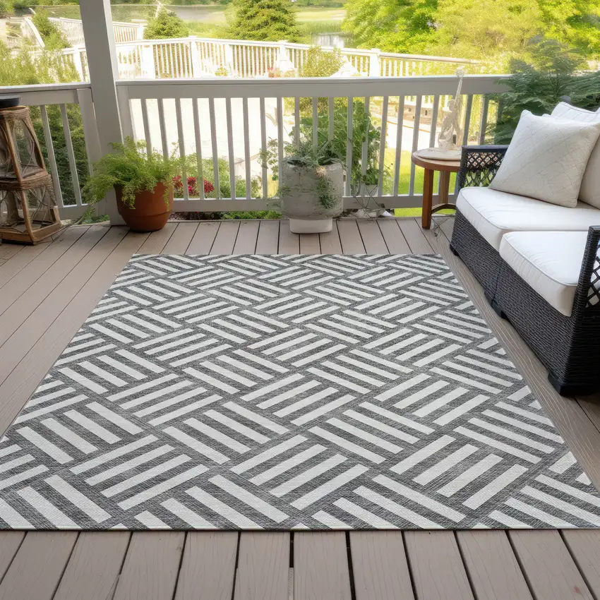 Charcoal And Ivory Geometric Washable Indoor Outdoor Area Rug Photo 6