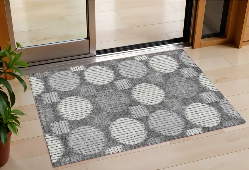 Charcoal And Ivory Geometric Washable Indoor Outdoor Area Rug Photo 1