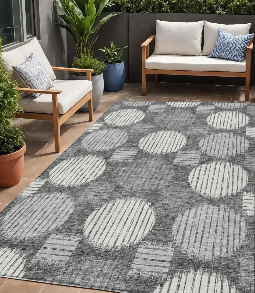 Charcoal And Ivory Geometric Washable Indoor Outdoor Area Rug Photo 1