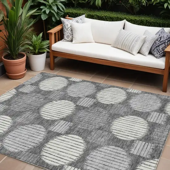 Charcoal And Ivory Geometric Washable Indoor Outdoor Area Rug Photo 1