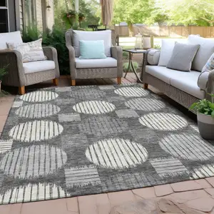 Photo of Charcoal And Ivory Geometric Washable Indoor Outdoor Area Rug