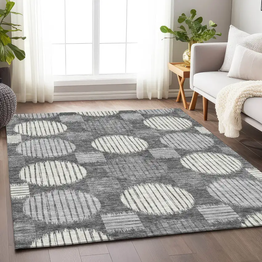 Charcoal And Ivory Geometric Washable Indoor Outdoor Area Rug Photo 9