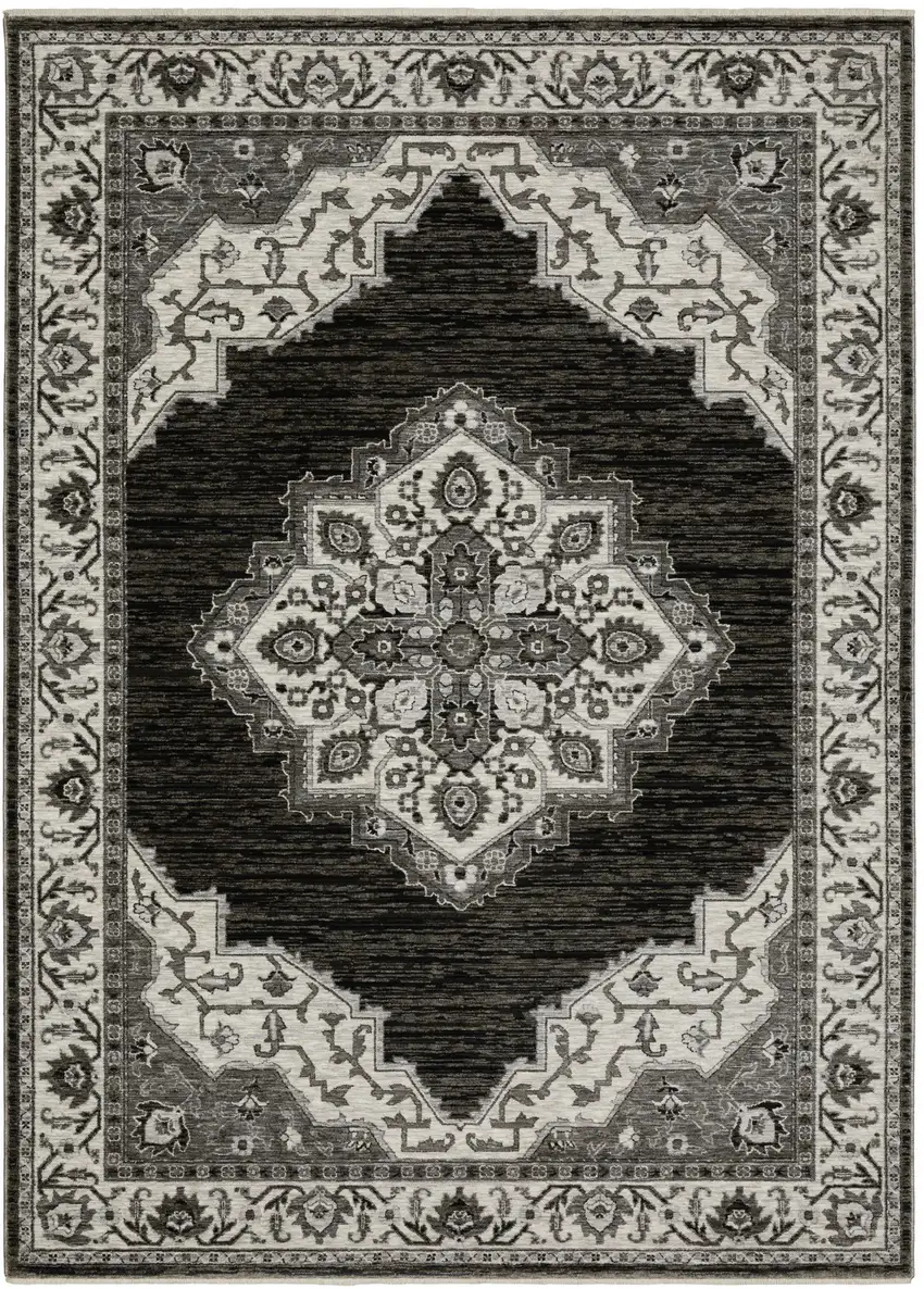 Charcoal And Ivory Medallion Area Rug With Fringe Photo 2