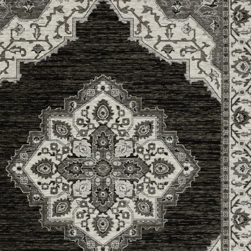 Charcoal And Ivory Medallion Area Rug With Fringe Photo 9