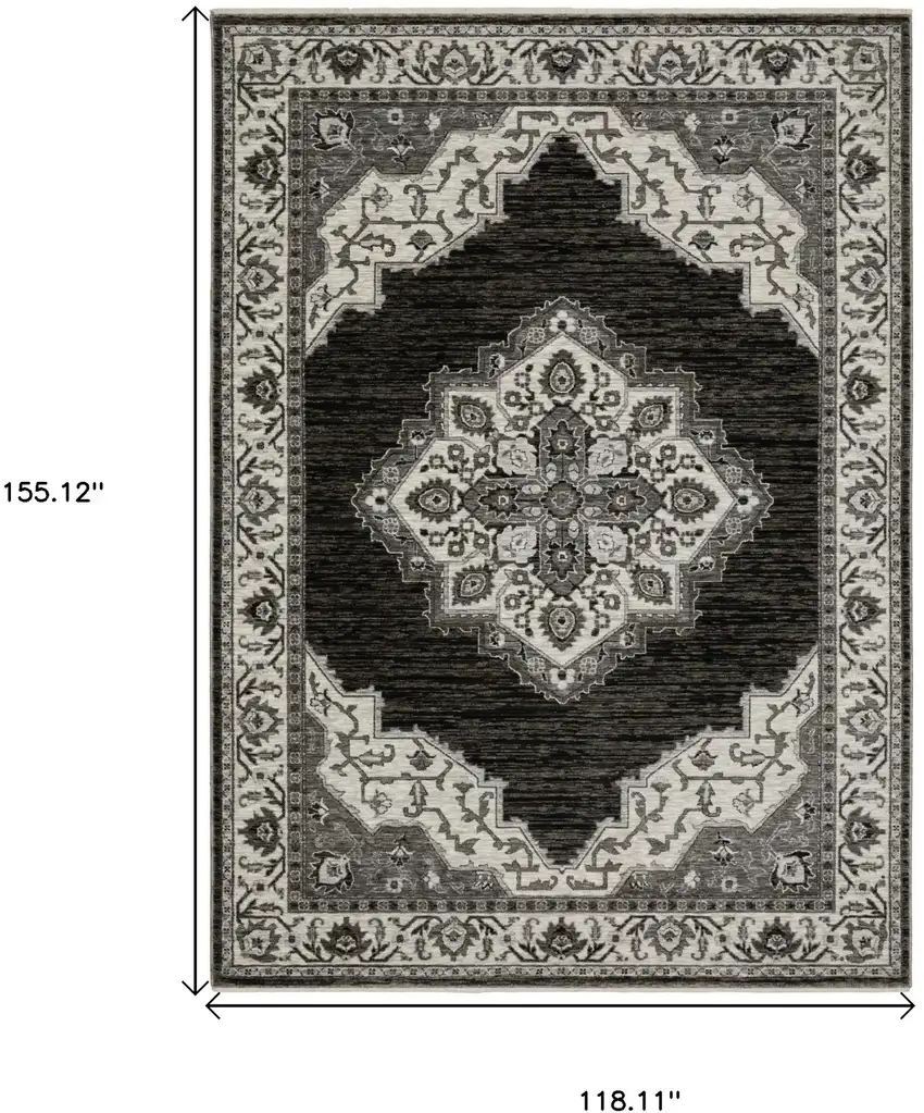 Charcoal And Ivory Medallion Area Rug With Fringe Photo 3