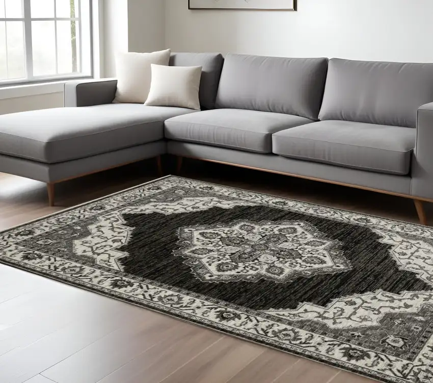 Charcoal And Ivory Medallion Area Rug With Fringe Photo 1