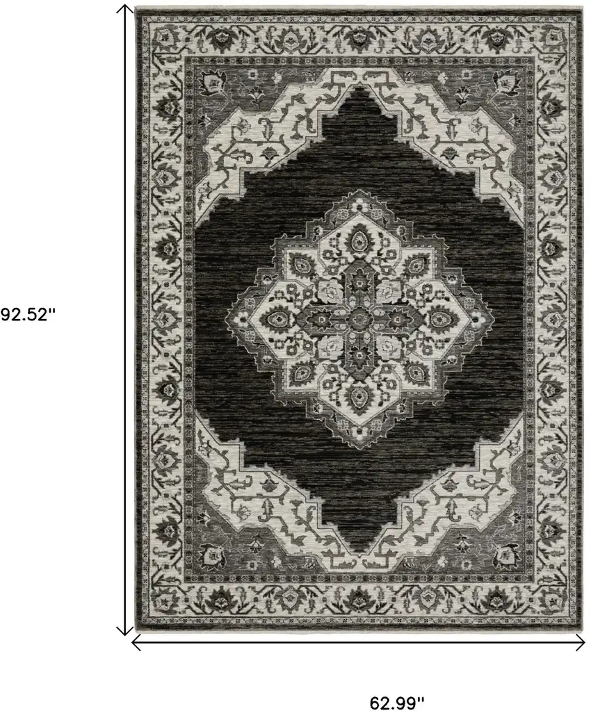 Charcoal And Ivory Medallion Area Rug With Fringe Photo 3