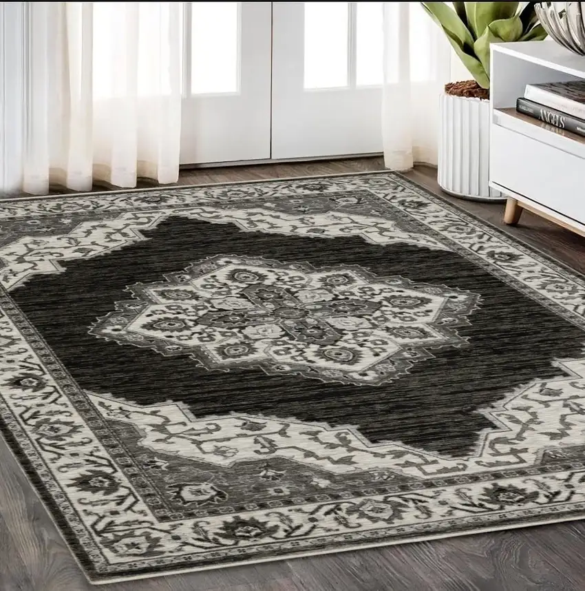 Charcoal And Ivory Medallion Area Rug With Fringe Photo 1