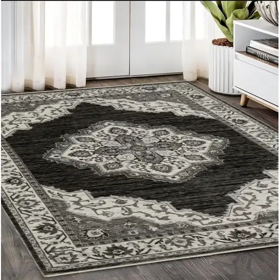 Charcoal And Ivory Medallion Area Rug With Fringe Photo 1
