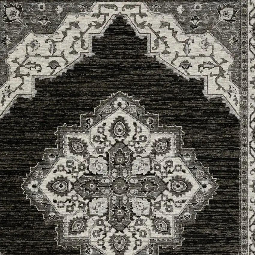 Charcoal And Ivory Medallion Area Rug With Fringe Photo 9