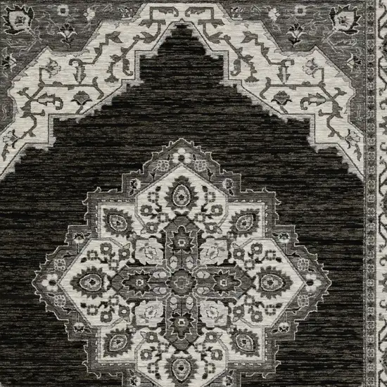 Charcoal And Ivory Medallion Area Rug With Fringe Photo 9