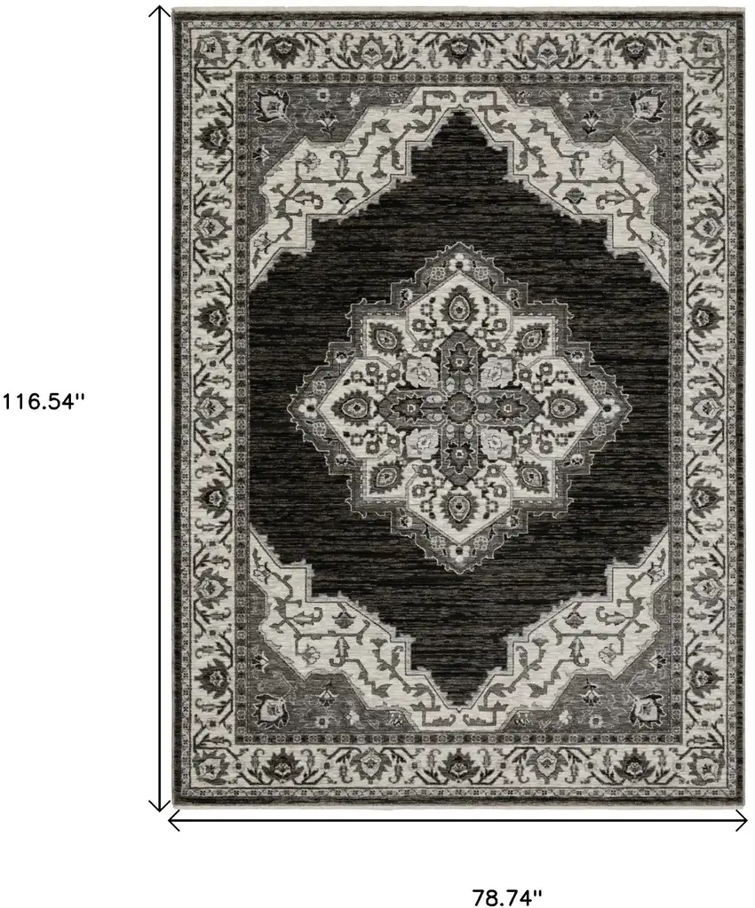 Charcoal And Ivory Medallion Area Rug With Fringe Photo 3