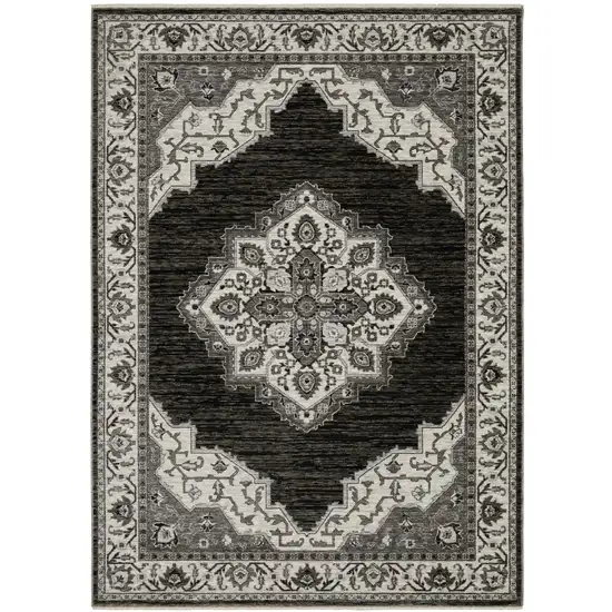 Charcoal And Ivory Medallion Area Rug With Fringe Photo 4