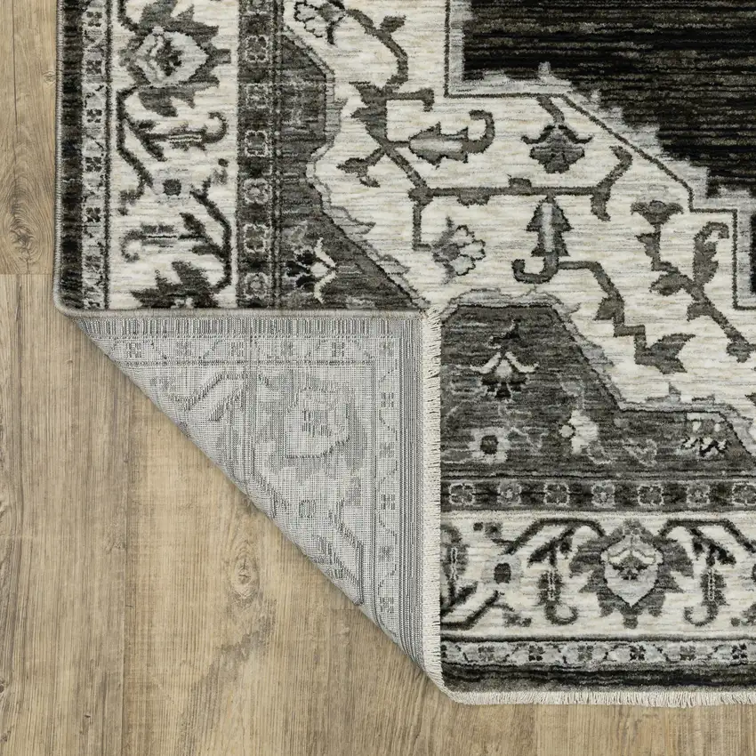 Charcoal And Ivory Medallion Area Rug With Fringe Photo 9