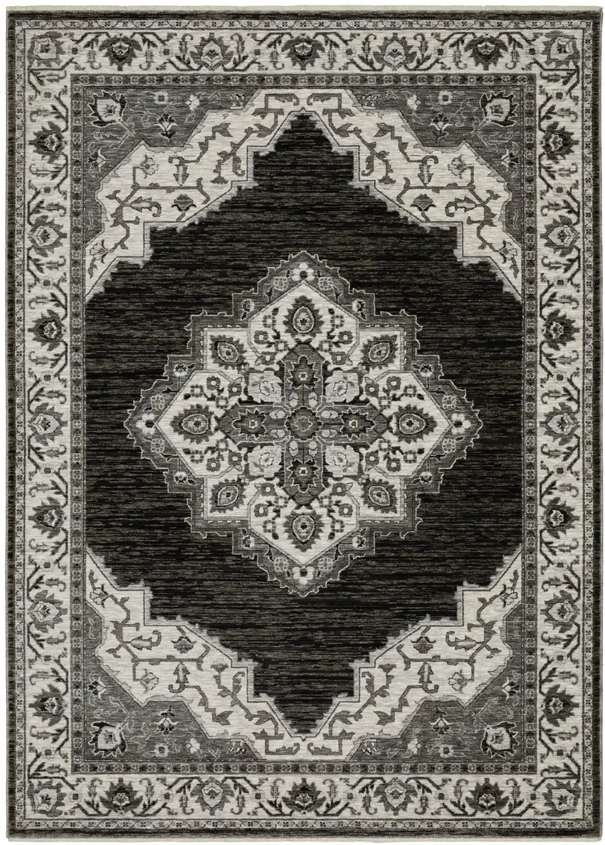 Charcoal And Ivory Medallion Area Rug With Fringe Photo 5