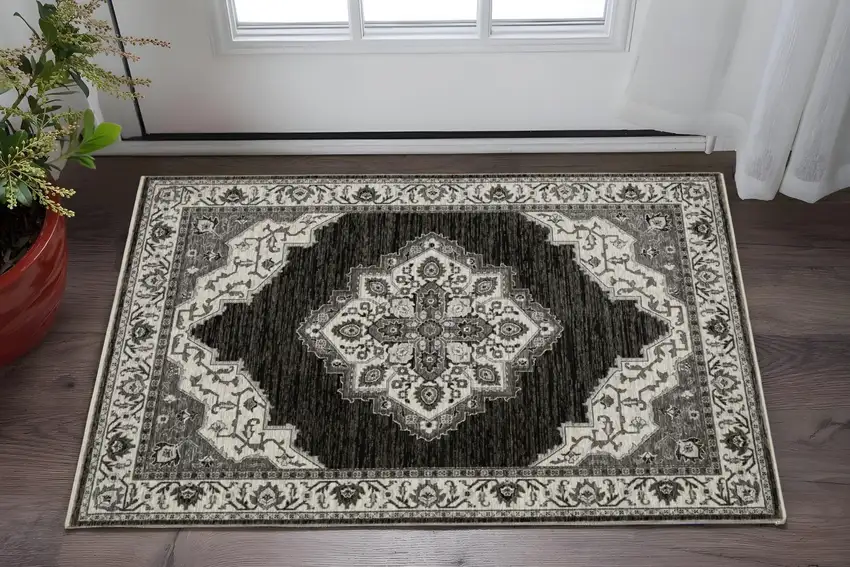 Charcoal And Ivory Medallion Area Rug With Fringe Photo 1