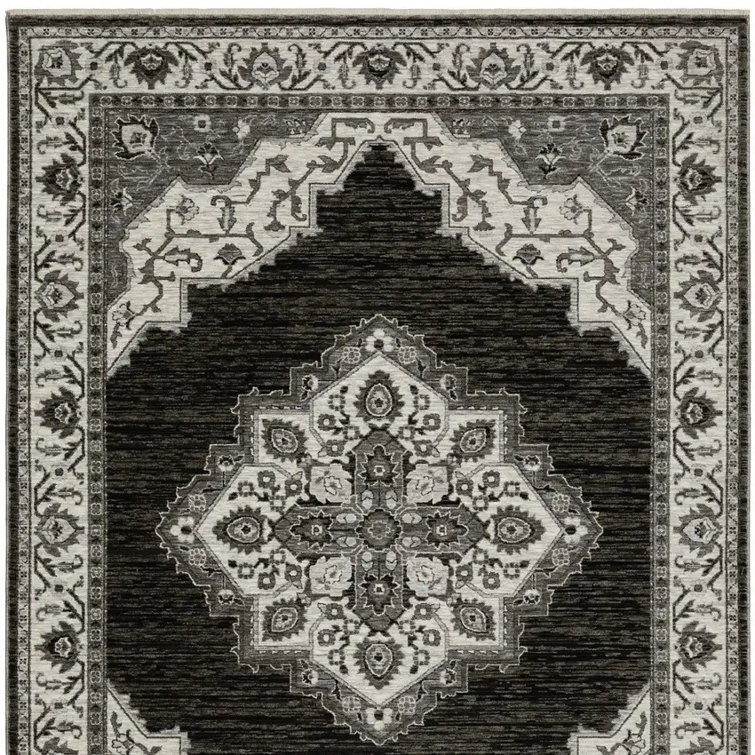 Charcoal And Ivory Medallion Area Rug With Fringe Photo 5