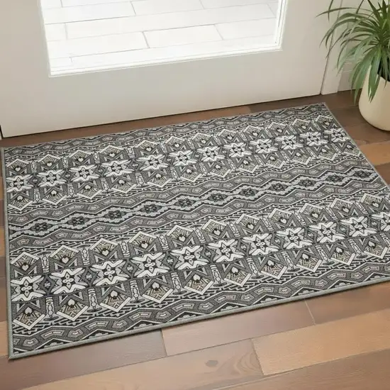 Charcoal And Ivory Moroccan Washable Area Rug With UV Protection Photo 2