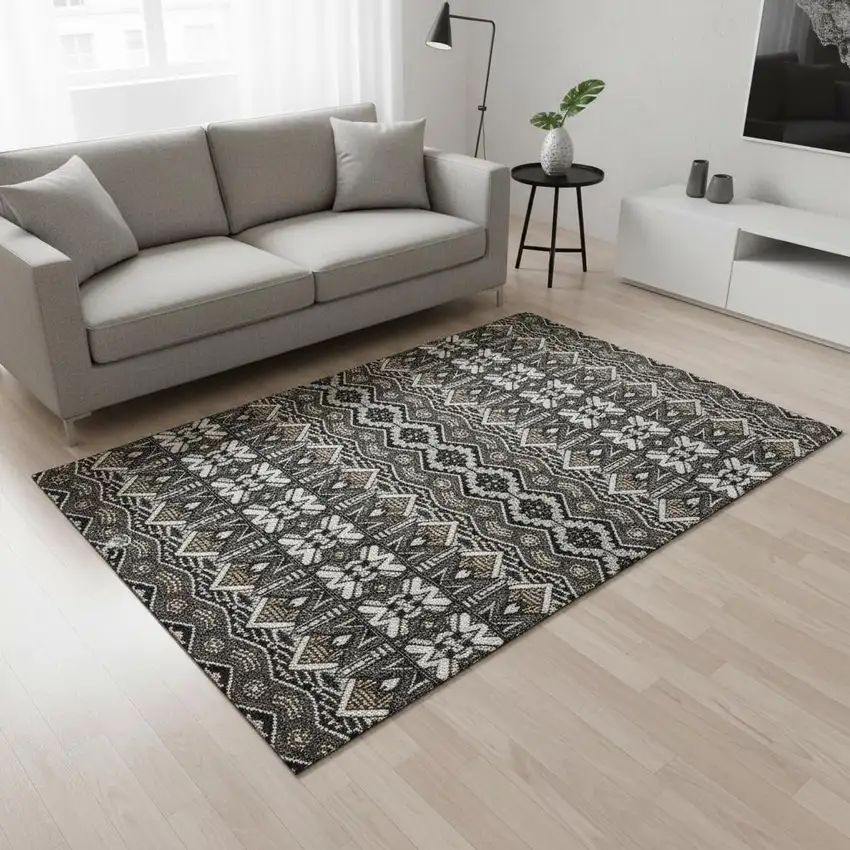 Charcoal And Ivory Moroccan Washable Area Rug With UV Protection Photo 2