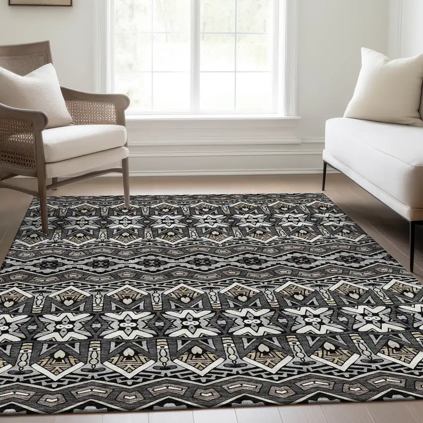 Charcoal And Ivory Moroccan Washable Area Rug With UV Protection Photo 6