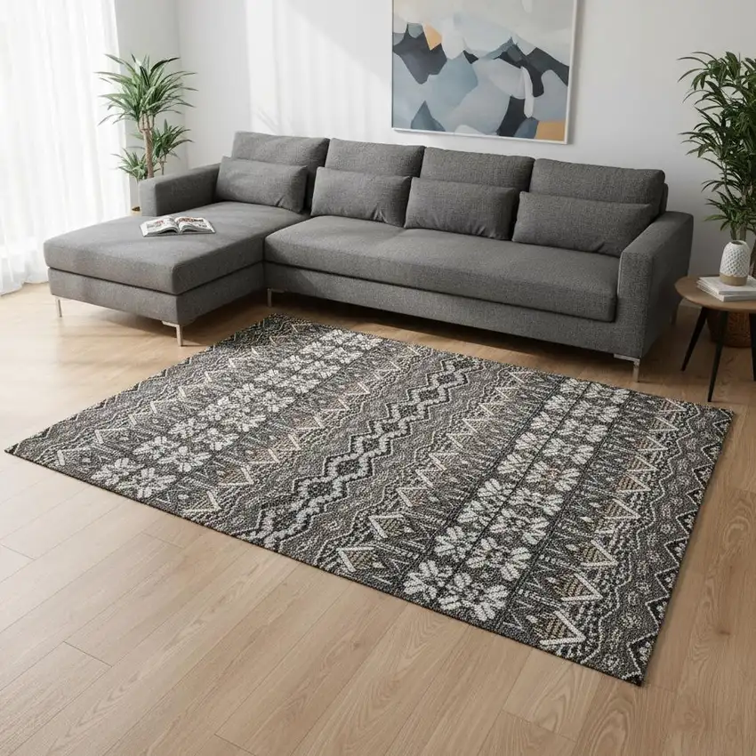 Charcoal And Ivory Moroccan Washable Area Rug With UV Protection Photo 2