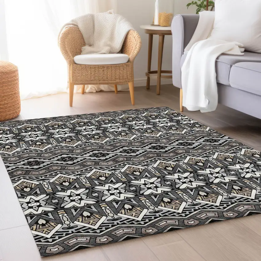 Charcoal And Ivory Moroccan Washable Area Rug With UV Protection Photo 5