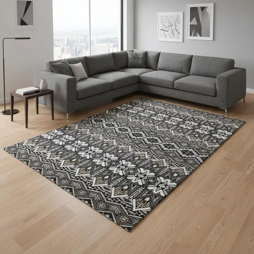 Charcoal And Ivory Moroccan Washable Area Rug With UV Protection Photo 2