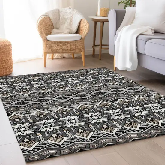 Charcoal And Ivory Moroccan Washable Area Rug With UV Protection Photo 5