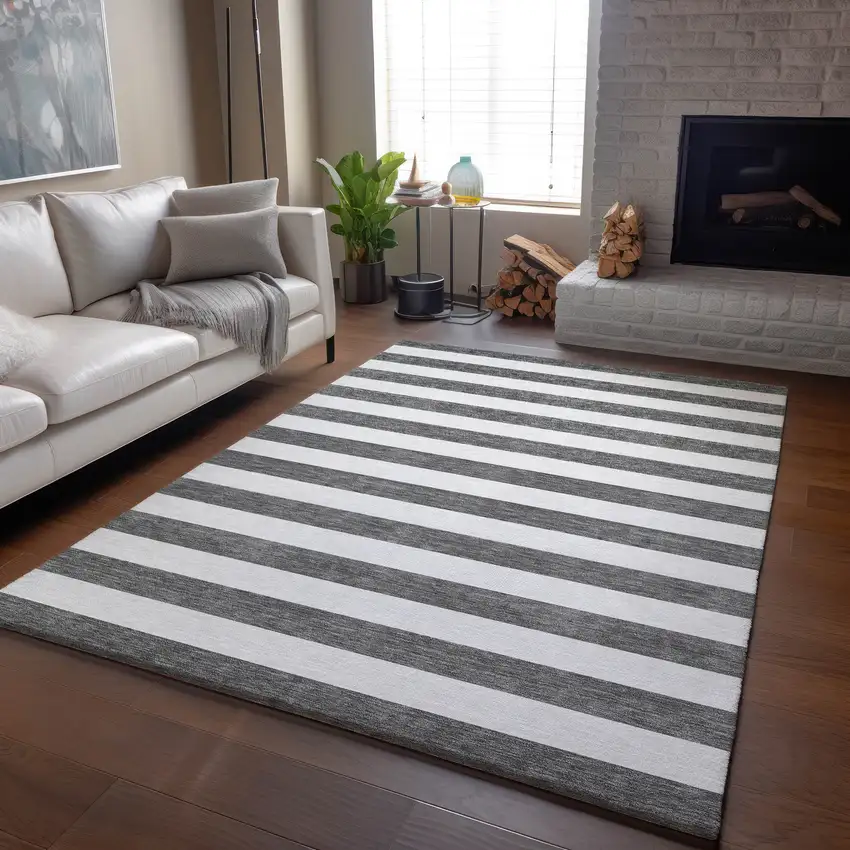 Charcoal And Ivory Striped Washable Area Rug With UV Protection Photo 4