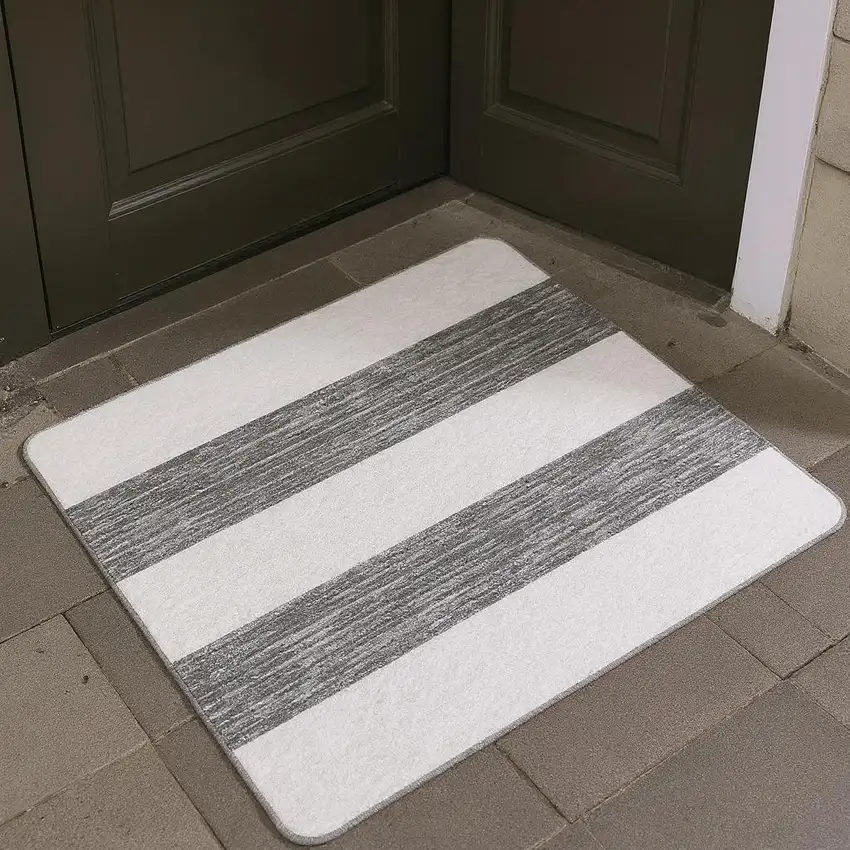 Charcoal And Ivory Striped Washable Area Rug With UV Protection Photo 2