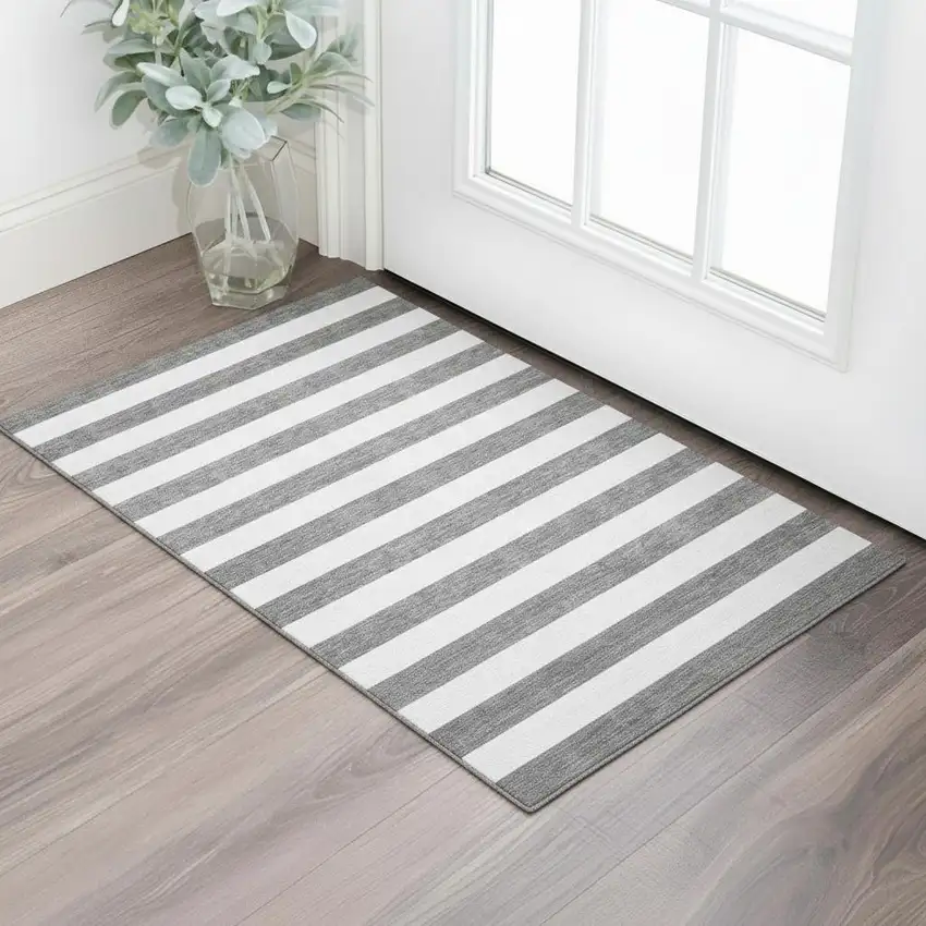 Charcoal And Ivory Striped Washable Area Rug With UV Protection Photo 1