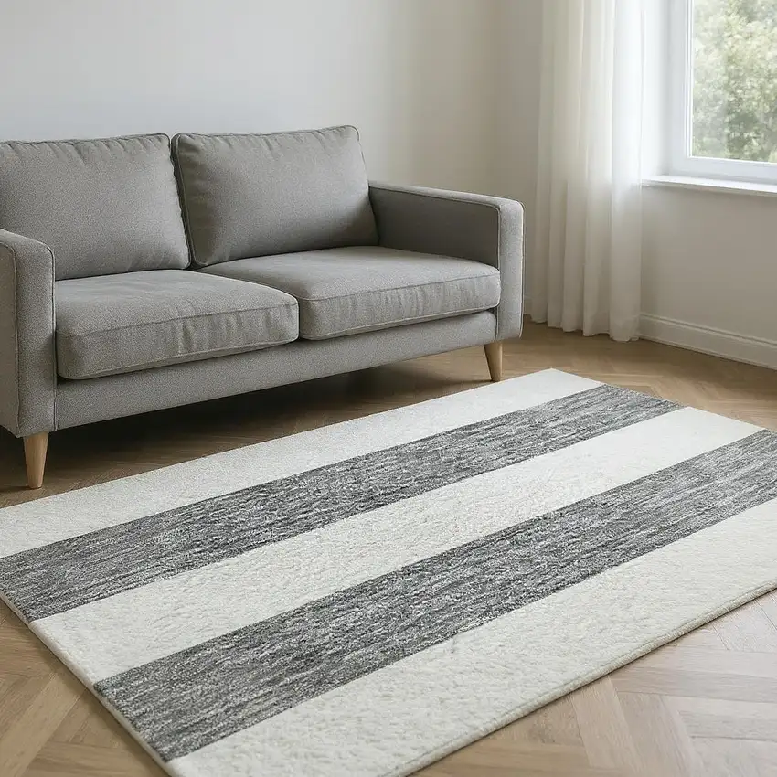 Charcoal And Ivory Striped Washable Area Rug With UV Protection Photo 2