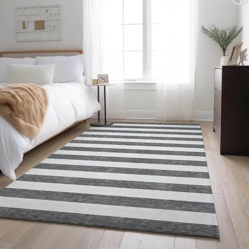 Charcoal And Ivory Striped Washable Area Rug With UV Protection Photo 3