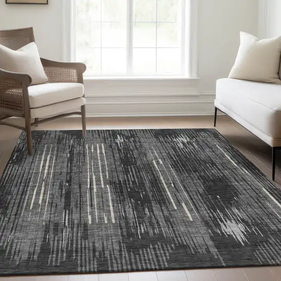 Charcoal And Ivory Striped Washable Area Rug With UV Protection Photo 1