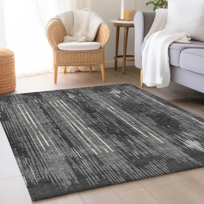 Charcoal And Ivory Striped Washable Area Rug With UV Protection Photo 2
