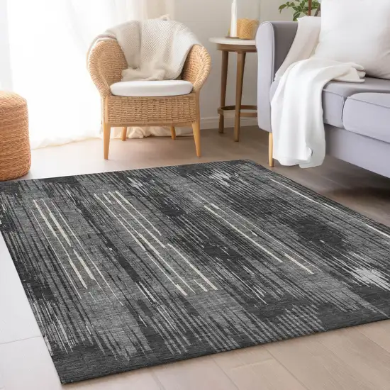 Charcoal And Ivory Striped Washable Area Rug With UV Protection Photo 2