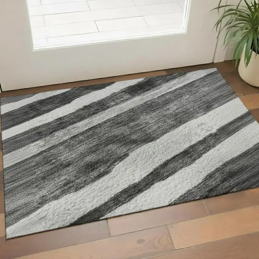 Charcoal And Ivory Striped Washable Area Rug With UV Protection Photo 2