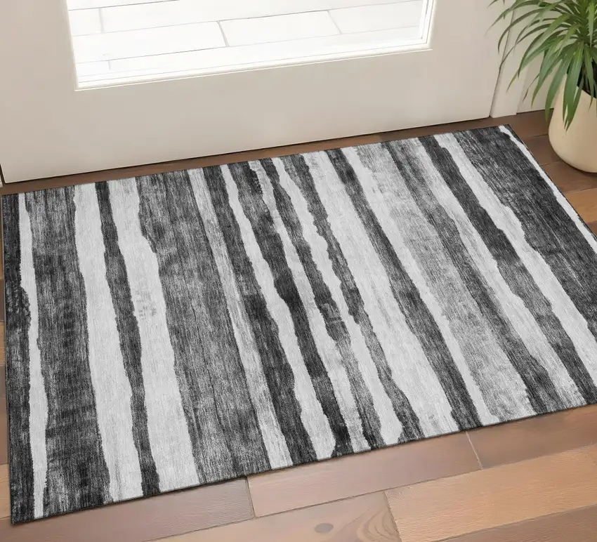 Charcoal And Ivory Striped Washable Area Rug With UV Protection Photo 1