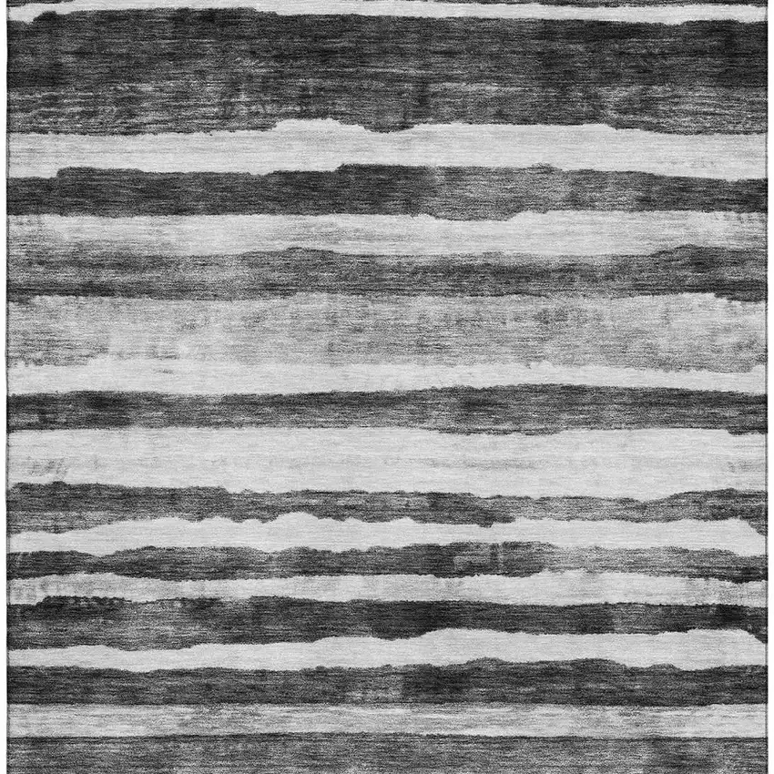 Charcoal And Ivory Striped Washable Area Rug With UV Protection Photo 5