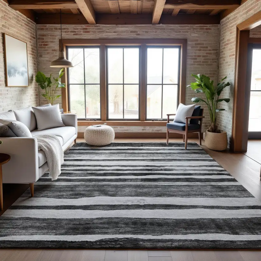 Charcoal And Ivory Striped Washable Area Rug With UV Protection Photo 3