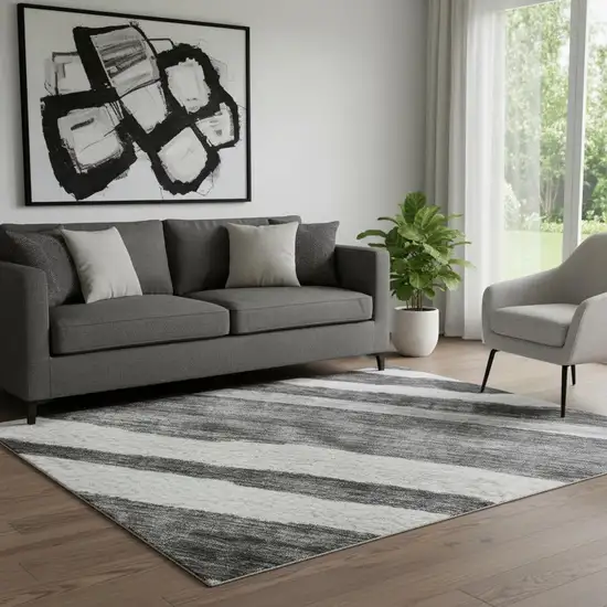 Charcoal And Ivory Striped Washable Area Rug With UV Protection Photo 2