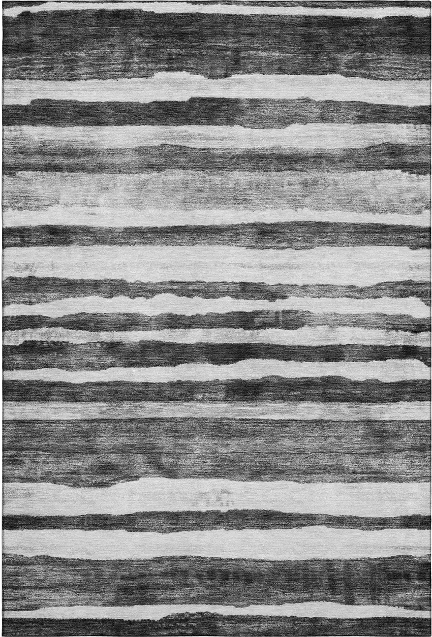 Charcoal And Ivory Striped Washable Area Rug With UV Protection Photo 6