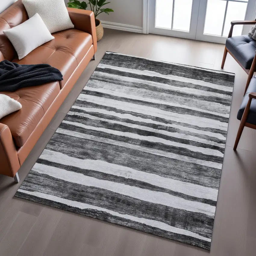 Charcoal And Ivory Striped Washable Area Rug With UV Protection Photo 5