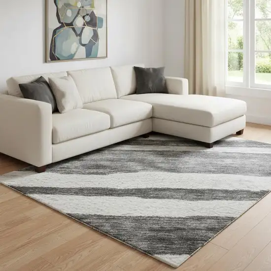 Charcoal And Ivory Striped Washable Area Rug With UV Protection Photo 2